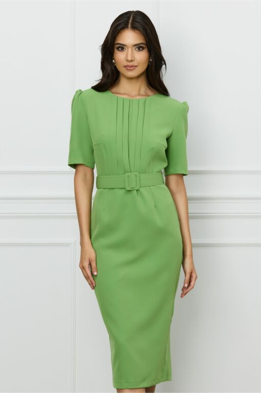 Black Friday Rochie DY Fashion verde fistic cu pliuri pe bust si curea in talie