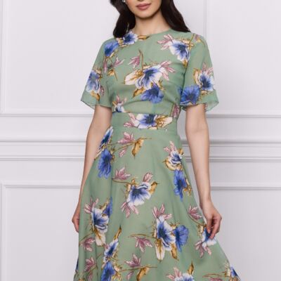 Black Friday 2022 Rochie DY Fashion verde fistic din voal cu imprimeuri florale albastre