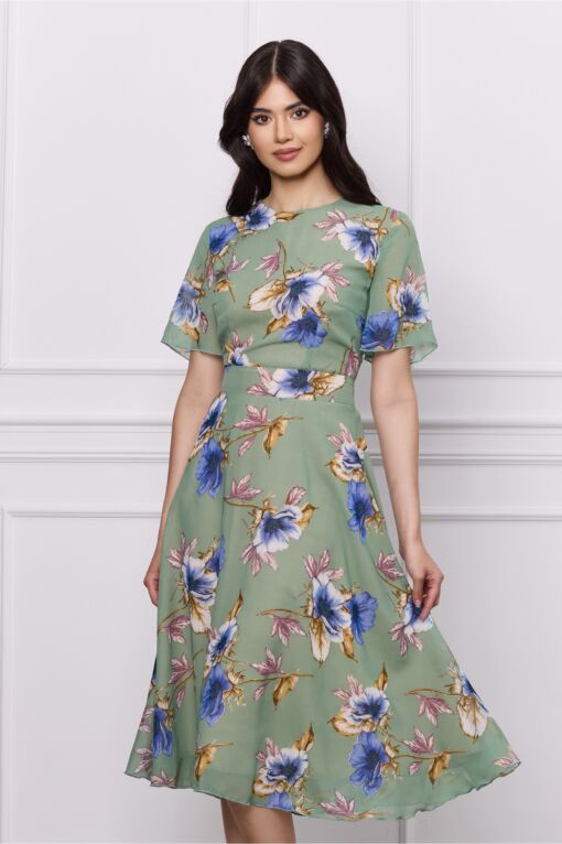 Black Friday 2022 Rochie DY Fashion verde fistic din voal cu imprimeuri florale albastre