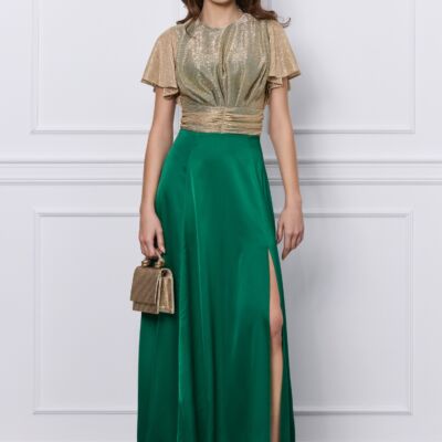 Black Friday Rochie DY Fashion verde lunga cu bust din fir lurex si crepeu maxi