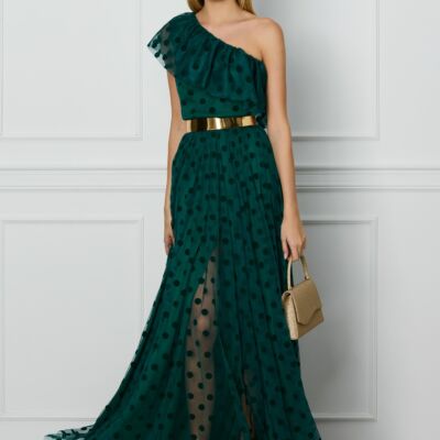 Black Friday 2022 Rochie DY Fashion verde lunga din tull cu buline catifelate si curea in talie