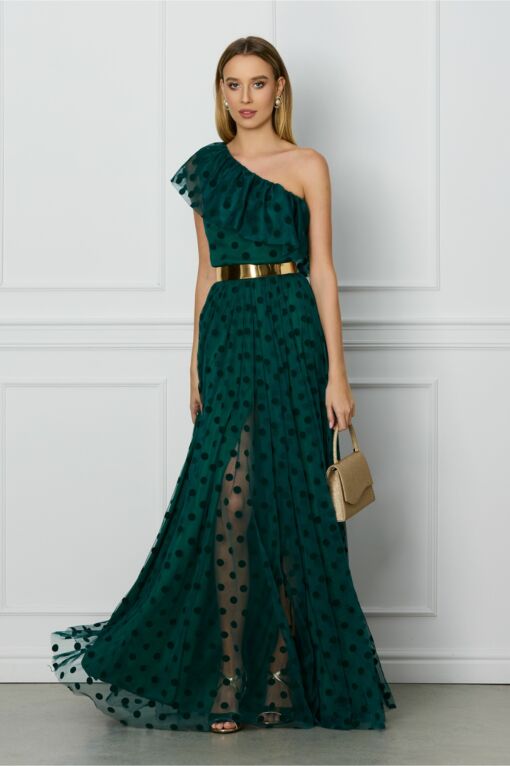 Black Friday 2022 Rochie DY Fashion verde lunga din tull cu buline catifelate si curea in talie