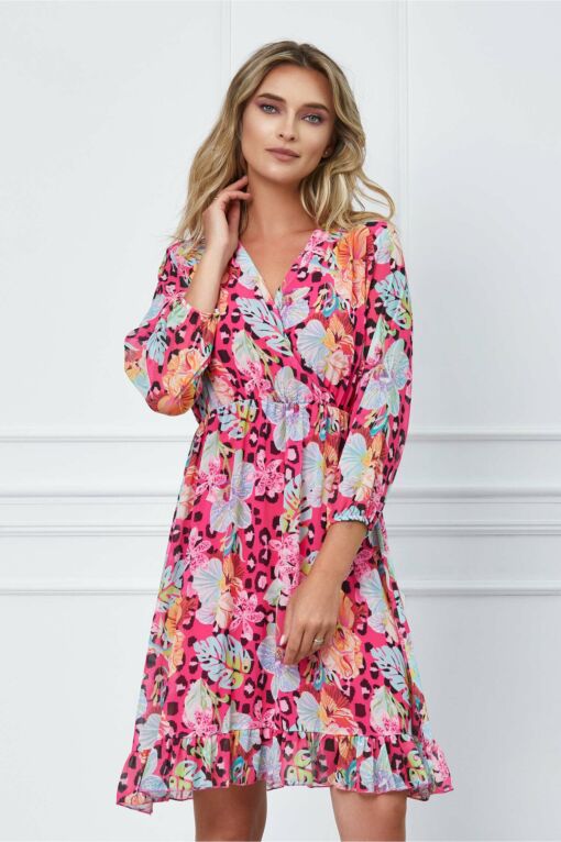 Black Friday 2022 Rochie Dalia fucsia cu animal print si flori