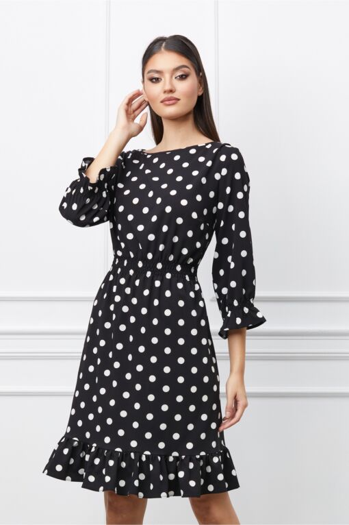 Black Friday 2022 Rochie Daniela neagra cu buline si elastic in talie
