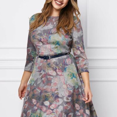 Black Friday 2022 Rochie Dara gri cu imprimeuri florale roz si curea in talie