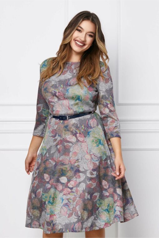 Black Friday 2022 Rochie Dara gri cu imprimeuri florale roz si curea in talie