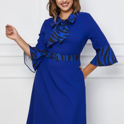 Black Friday 2022 Rochie Daria albastra cu dungi negre si curea in talie