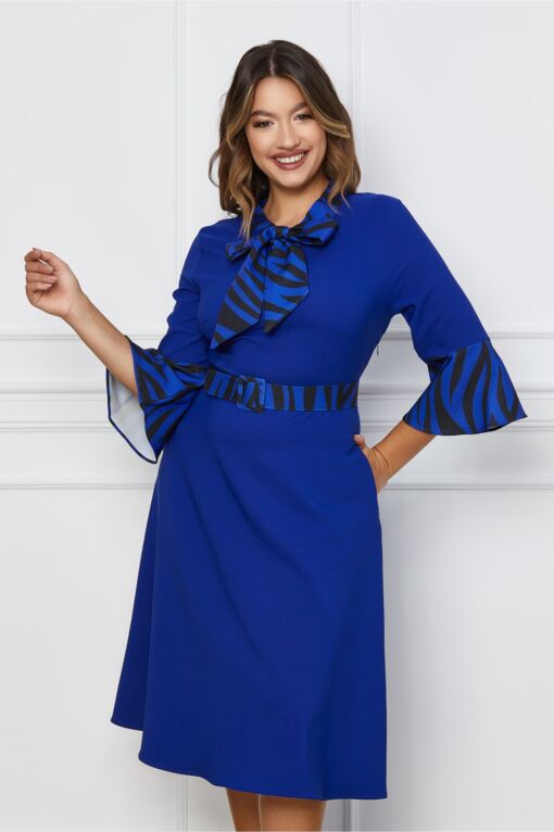 Black Friday 2022 Rochie Daria albastra cu dungi negre si curea in talie