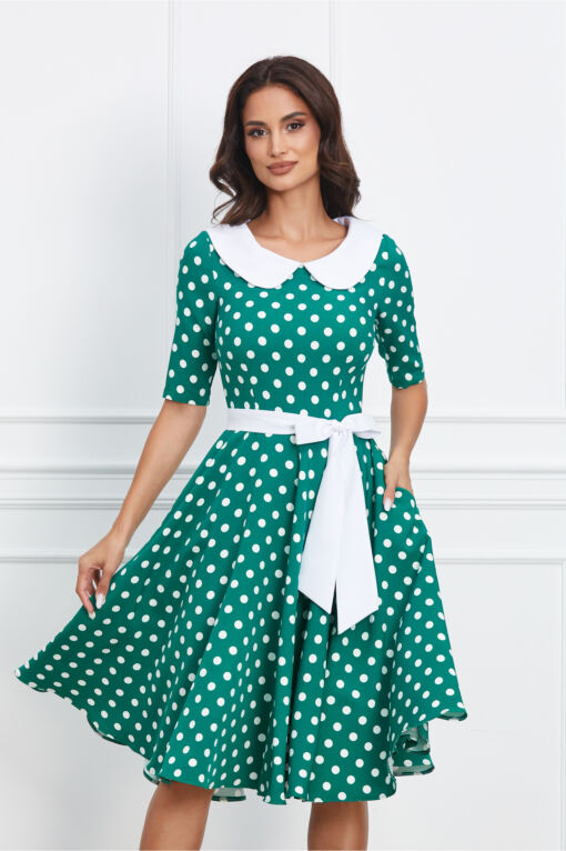 Black Friday 2022 Rochie Daria verde cu buline si guler