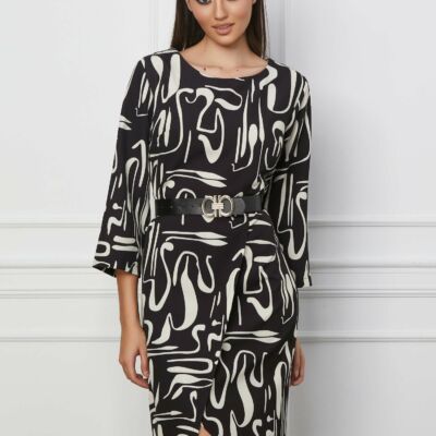 Black Friday 2022 Rochie Dariana neagra cu imprimeuri ivory si curea in talie
