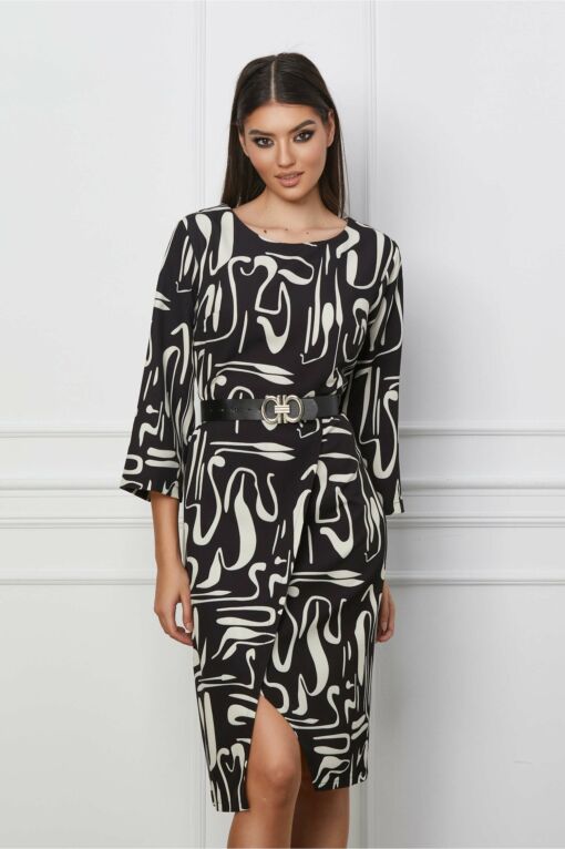 Black Friday 2022 Rochie Dariana neagra cu imprimeuri ivory si curea in talie