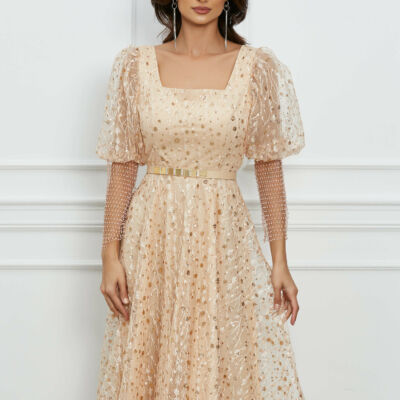 Black Friday 2022 Rochie Denisa bej din tulle cu plasa la maneci si curea in talie