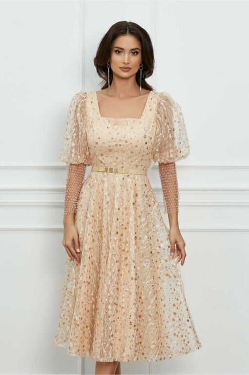 Black Friday 2022 Rochie Denisa bej din tulle cu plasa la maneci si curea in talie