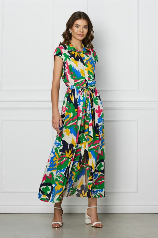 Black Friday Rochie Denisa icory cu imprimeuri multicolore si cordon in talie