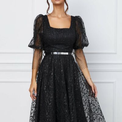 Black Friday 2022 Rochie Denisa neagra din tulle cu plasa la maneci si curea in talie