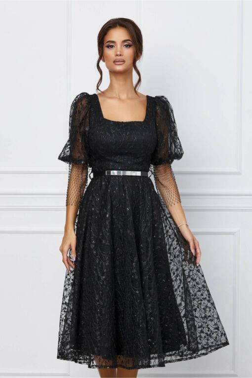 Black Friday 2022 Rochie Denisa neagra din tulle cu plasa la maneci si curea in talie