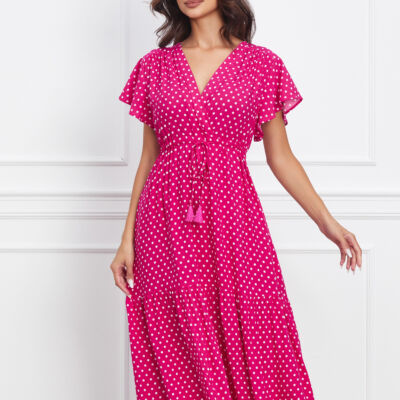 Black Friday 2022 Rochie Diana fucsia cu buline si snur reglabil in talie