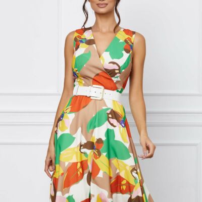 Black Friday 2022 Rochie Diana galbena cu imprimeu floral painty si curea in talie