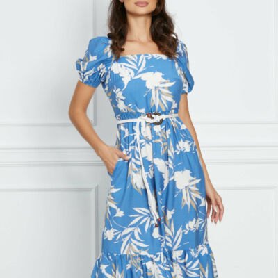 Black Friday 2022 Rochie Diana midi albastra cu imprimeuri florale albe si cordon in talie