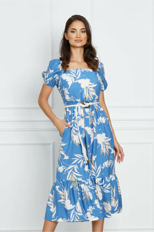 Black Friday 2022 Rochie Diana midi albastra cu imprimeuri florale albe si cordon in talie