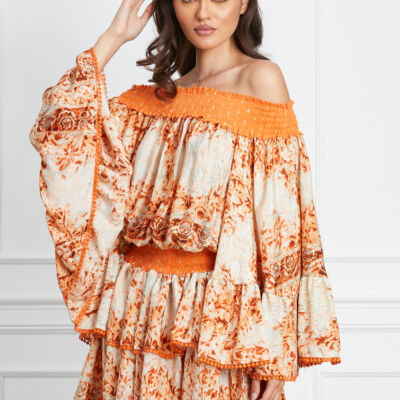 Black Friday 2022 Rochie Diana orange cu imprimeuri si volane maxi