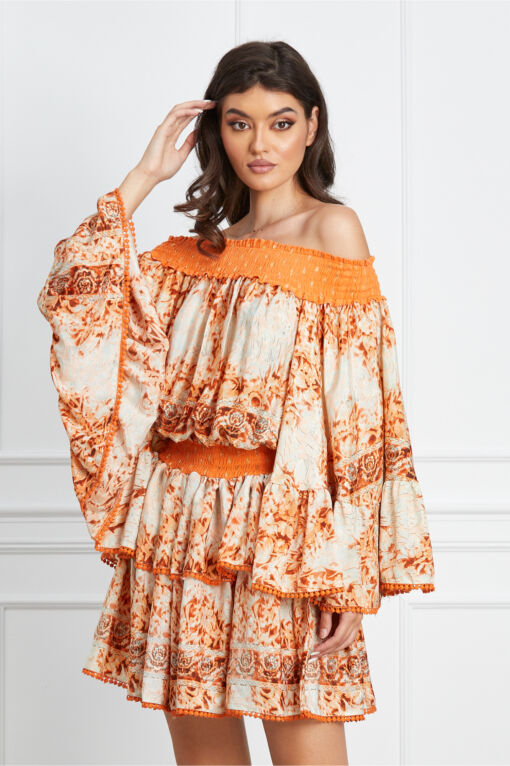 Black Friday 2022 Rochie Diana orange cu imprimeuri si volane maxi