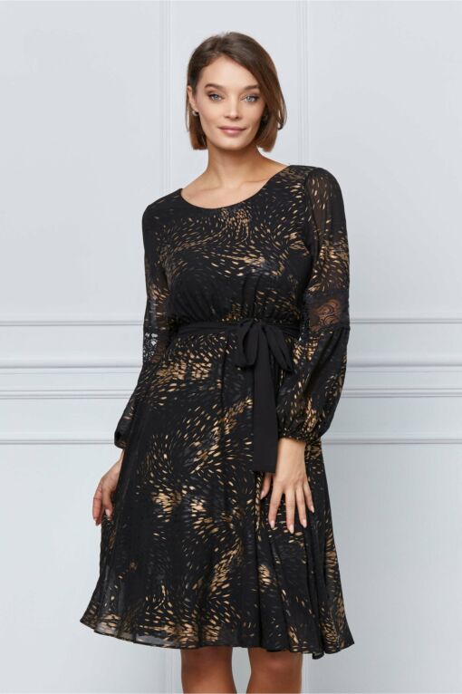 Black Friday 2022 Rochie Dina neagra cu imprimeuri aurii si dantela la maneci
