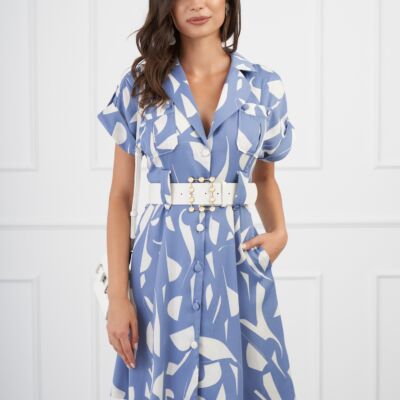 Black Friday 2022 Rochie Doina bleu tip sacou cu imprimeuri albe si curea in talie