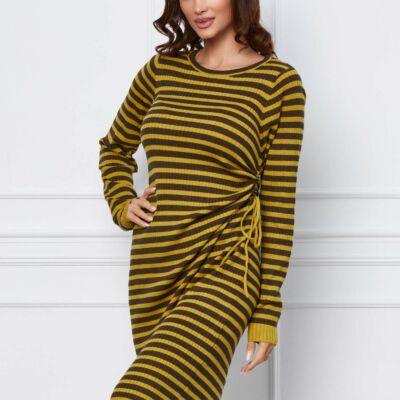 Black Friday 2022 Rochie Doina din tricot cu dungi gri-lime si snur in lateral