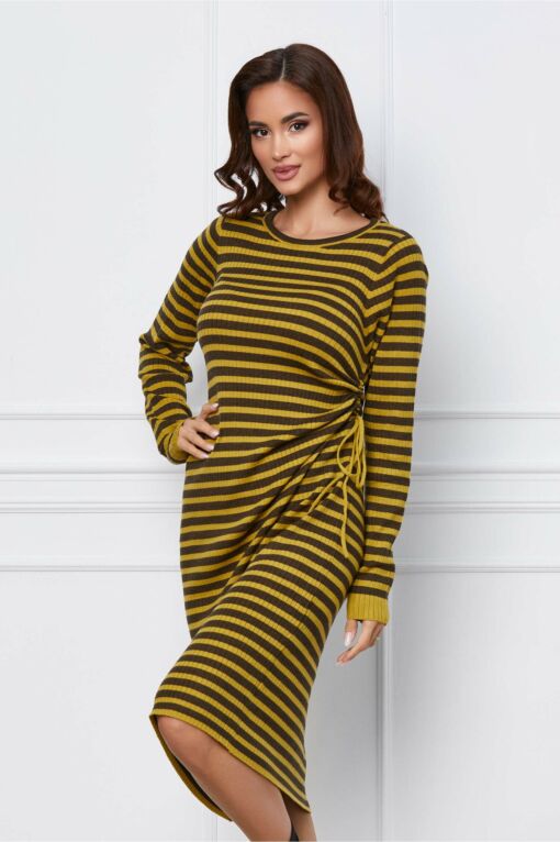 Black Friday 2022 Rochie Doina din tricot cu dungi gri-lime si snur in lateral