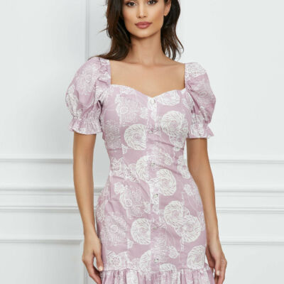 Black Friday 2022 Rochie Dora roz cu imprimeuri florale albe si nasturi decorativi