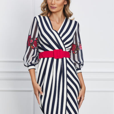 Black Friday 2022 Rochie Dorina alba cu dungi bleumarin si curea in talie