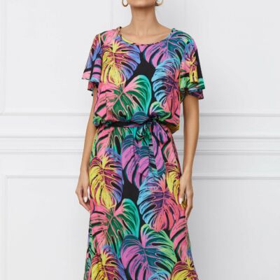 Black Friday 2022 Rochie Dorina cu imprimeuri exotic fucsia si cordon in talie