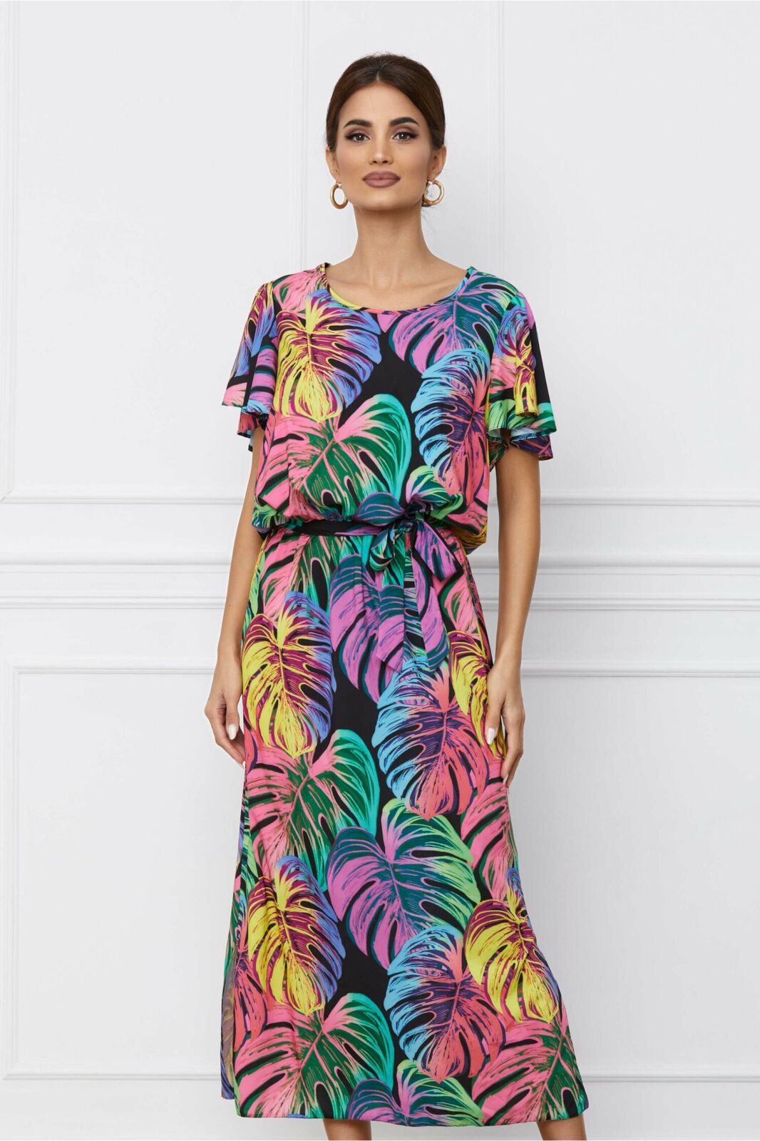 Black Friday 2022 Rochie Dorina cu imprimeuri exotic fucsia si cordon in talie