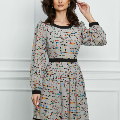 Black Friday 2022 Rochie Dorina gri cu buline colorate si pliuri pe fusta