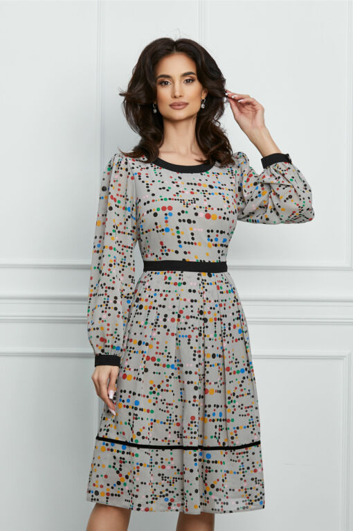 Black Friday 2022 Rochie Dorina gri cu buline colorate si pliuri pe fusta
