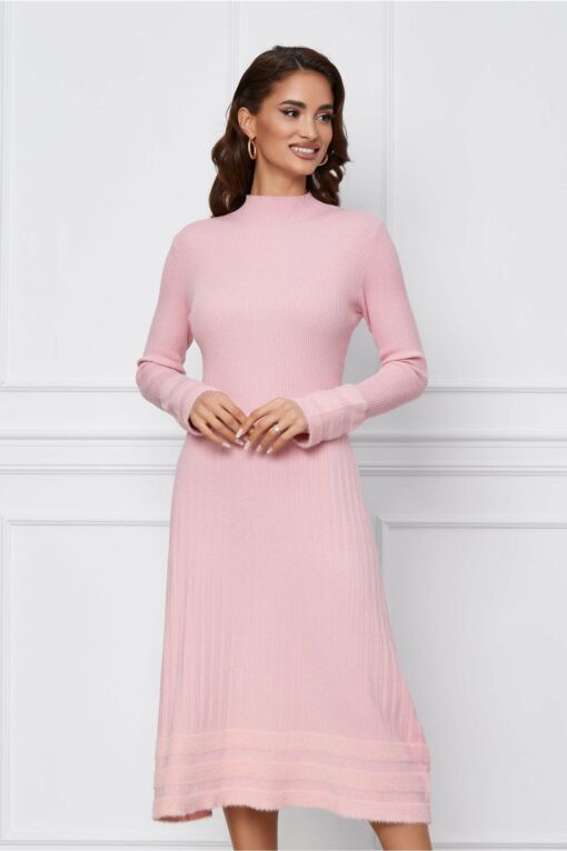 Black Friday 2022 Rochie Dorina roz din tricot cu blanita la maneci si la baza