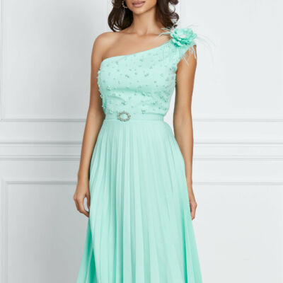 Black Friday 2022 Rochie Dorina verde mint cu umar gol si perle la bust