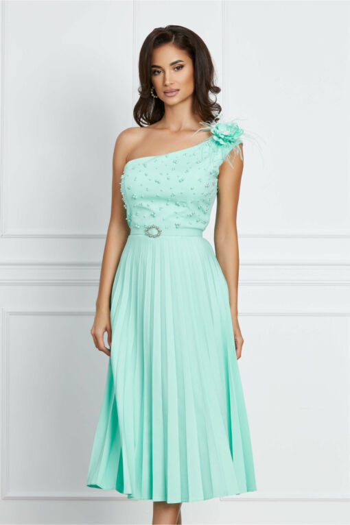 Black Friday 2022 Rochie Dorina verde mint cu umar gol si perle la bust