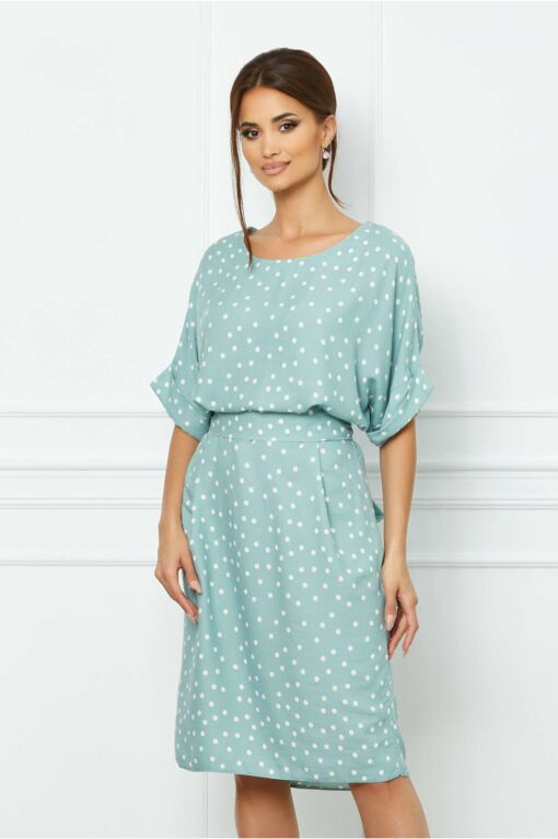 Black Friday 2022 Rochie Dottie verde mint cu buline si cordon in talie