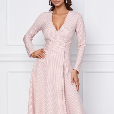 Black Friday 2022 Rochie Dy Fashion alb-roz cu dungi si nasturi decorativi