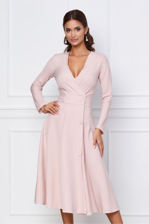 Black Friday 2022 Rochie Dy Fashion alb-roz cu dungi si nasturi decorativi