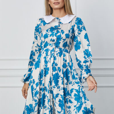 Black Friday Rochie Dy Fashion alba cu imprimeu albastru si guler alb