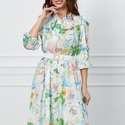 Black Friday 2022 Rochie Dy Fashion alba cu imprimeuri verzi si volanase la umeri