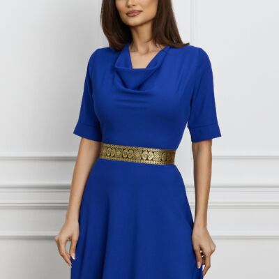 Black Friday 2022 Rochie Dy Fashion albastra cu banda aurie in talie