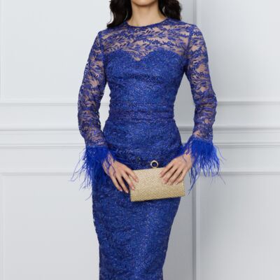Black Friday 2022 Rochie Dy Fashion albastra din dantela cu pene