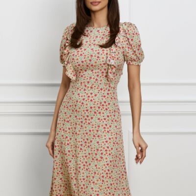 Black Friday Rochie Dy Fashion bej cu floricele corai si volane pe umeri