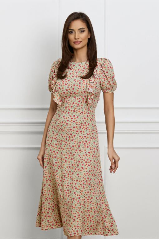 Black Friday Rochie Dy Fashion bej cu floricele corai si volane pe umeri