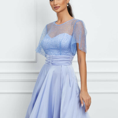Black Friday 2022 Rochie Dy Fashion bleu din satin cu broderie la bust