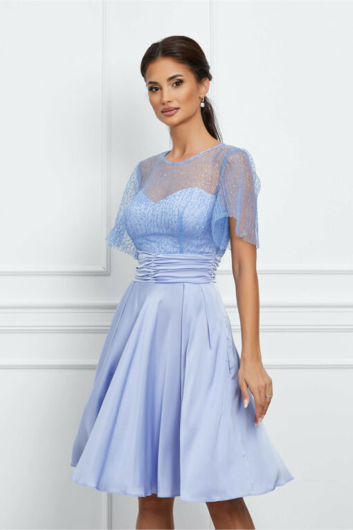 Black Friday 2022 Rochie Dy Fashion bleu din satin cu broderie la bust